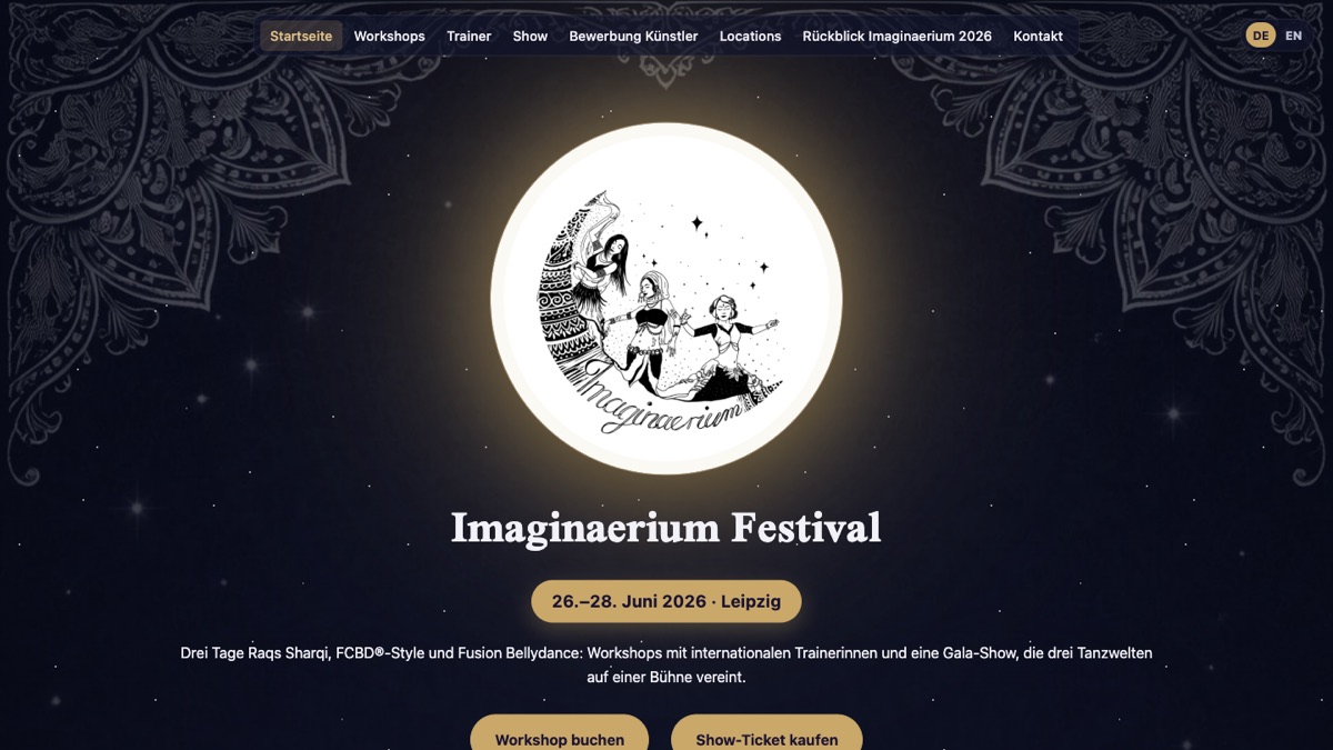 Startseite von imaginaerium.com: Festival-Logo mit drei Tänzerinnen auf Sternenhimmel